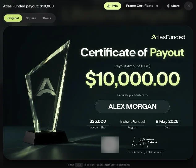 A payout certificate, opened. Download it as a PNG, pick a format, frame it or share it.
