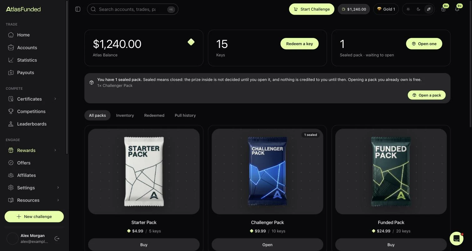 Rewards → Packs: your balance, keys and sealed packs, and every pack you can open.