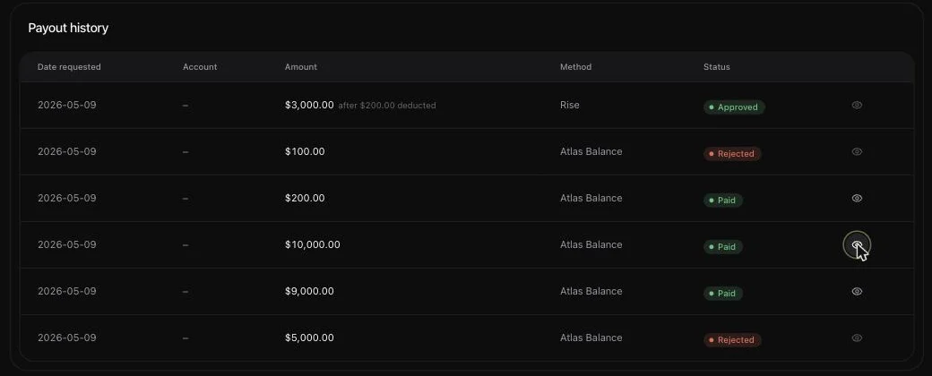 Payouts: the eye button opens the certificate once a payout is Paid.