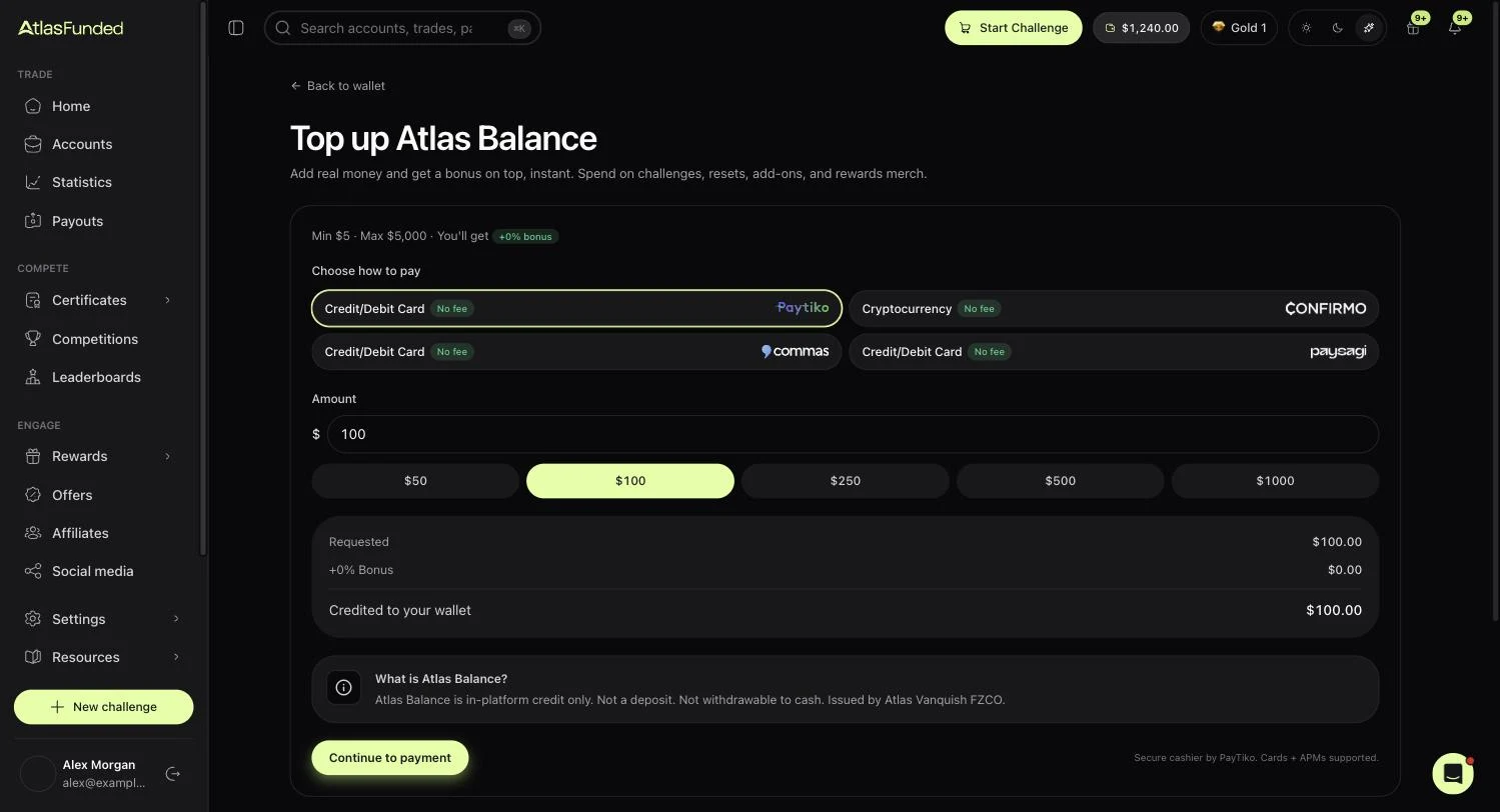 Top up Atlas Balance: choose a payment method and an amount.