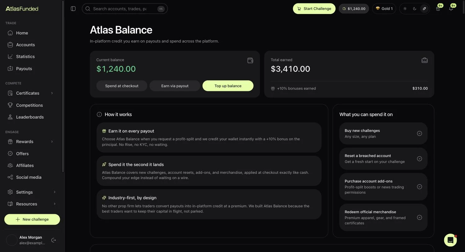 Atlas Balance: your balance, what you've earned, and what you can spend it on. Open it from the balance in the top bar.